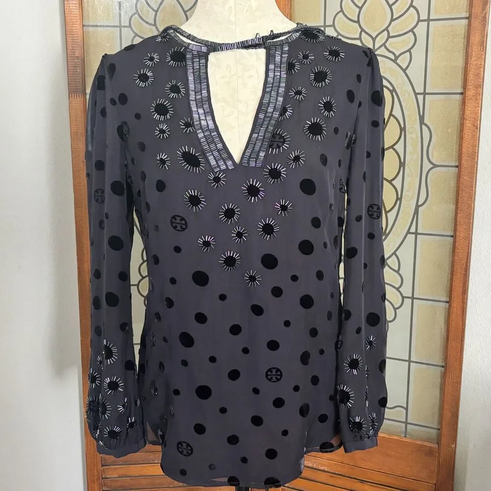 Tory Burch Angela Silk Velvet Dot Beaded Dark Navy Tunic Blouse Top Size 4
